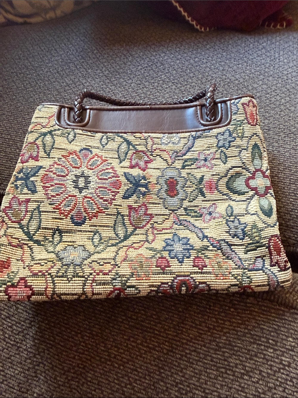 Tapestry Floral Tote Bag with Brown Trim